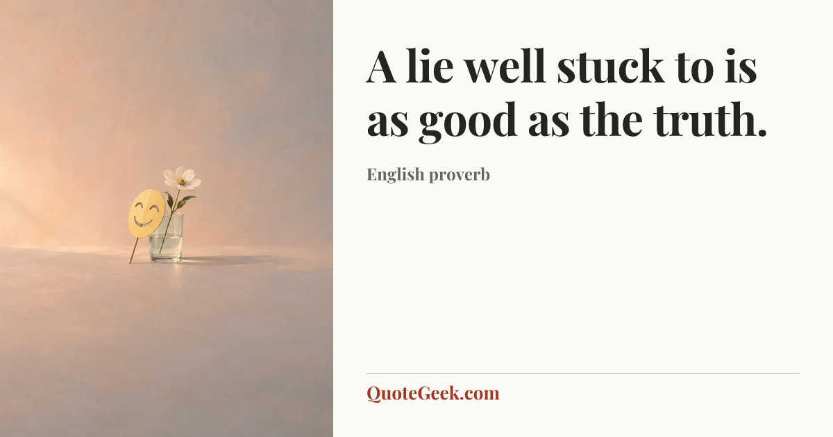 “A lie well stuck to is as good as the truth.” — English proverb. Illustrated QuoteGeek card.