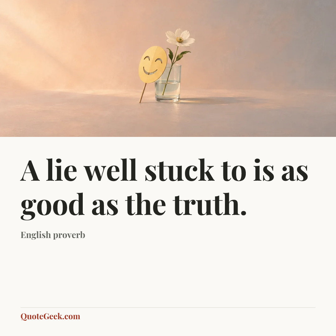 “A lie well stuck to is as good as the truth.” — English proverb. Illustrated QuoteGeek card.