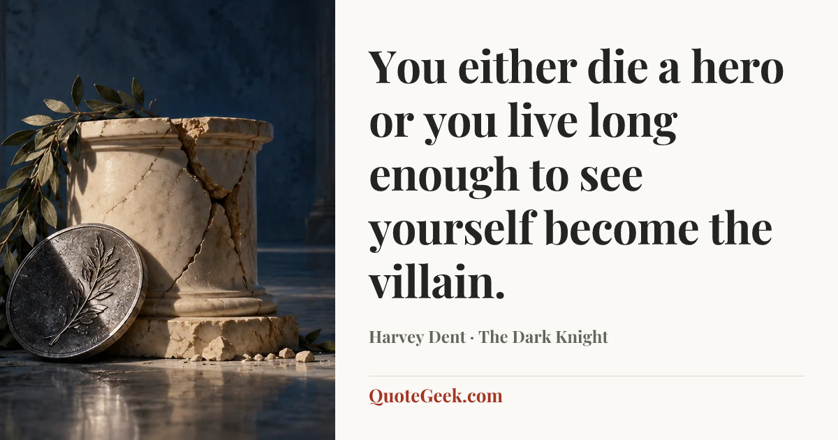 “You either die a hero or you live long enough to see yourself become the villain.” — Harvey Dent · The Dark Knight. Illustrated QuoteGeek card.