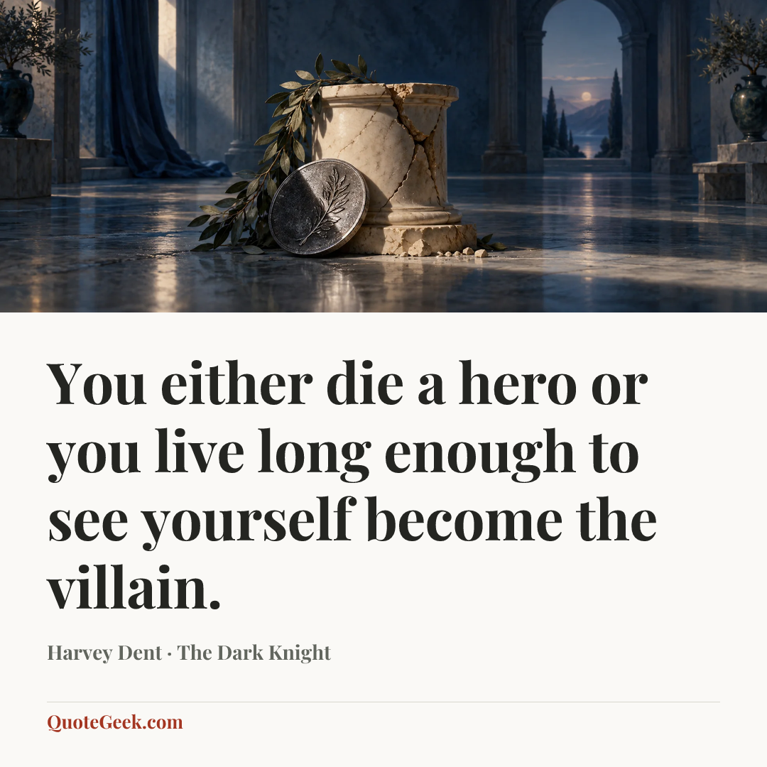 “You either die a hero or you live long enough to see yourself become the villain.” — Harvey Dent · The Dark Knight. Illustrated QuoteGeek card.