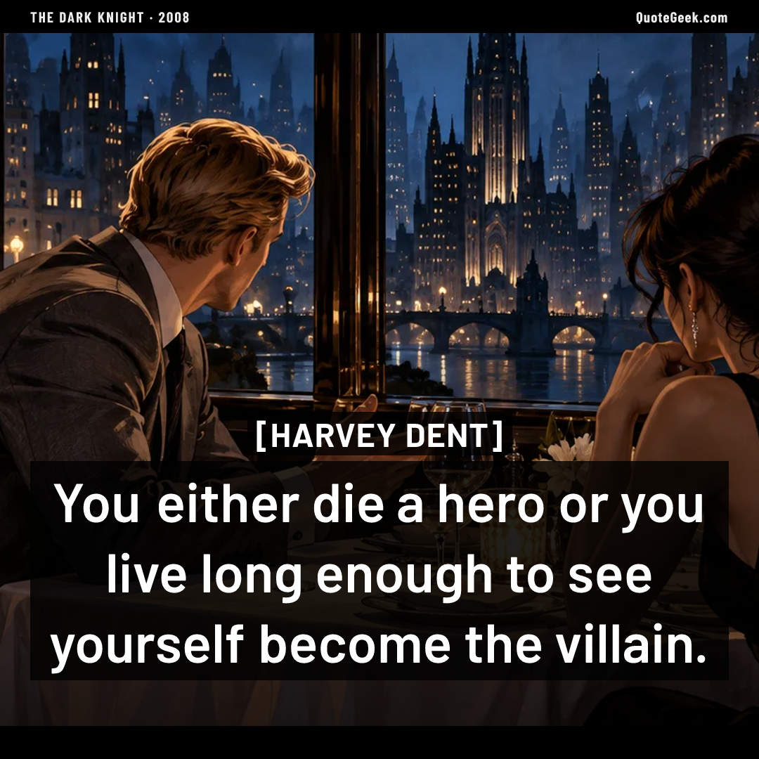 “You either die a hero or you live long enough to see yourself become the villain.” — Harvey Dent · The Dark Knight. Illustrated QuoteGeek card.