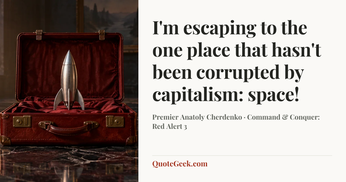 “I'm escaping to the one place that hasn't been corrupted by capitalism: space!” — Premier Anatoly Cherdenko · Command & Conquer: Red Alert 3. Illustrated QuoteGeek card.