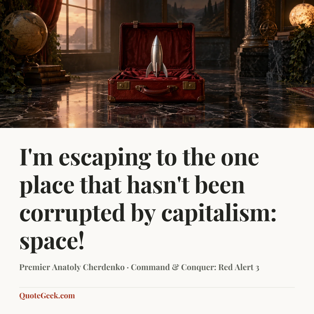 “I'm escaping to the one place that hasn't been corrupted by capitalism: space!” — Premier Anatoly Cherdenko · Command & Conquer: Red Alert 3. Illustrated QuoteGeek card.