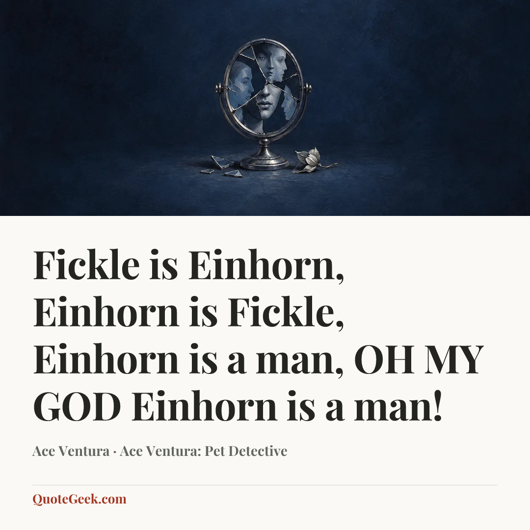 “Fickle is Einhorn, Einhorn is Fickle, Einhorn is a man, OH MY GOD Einhorn is a man!” — Ace Ventura · Ace Ventura: Pet Detective. Illustrated QuoteGeek card.