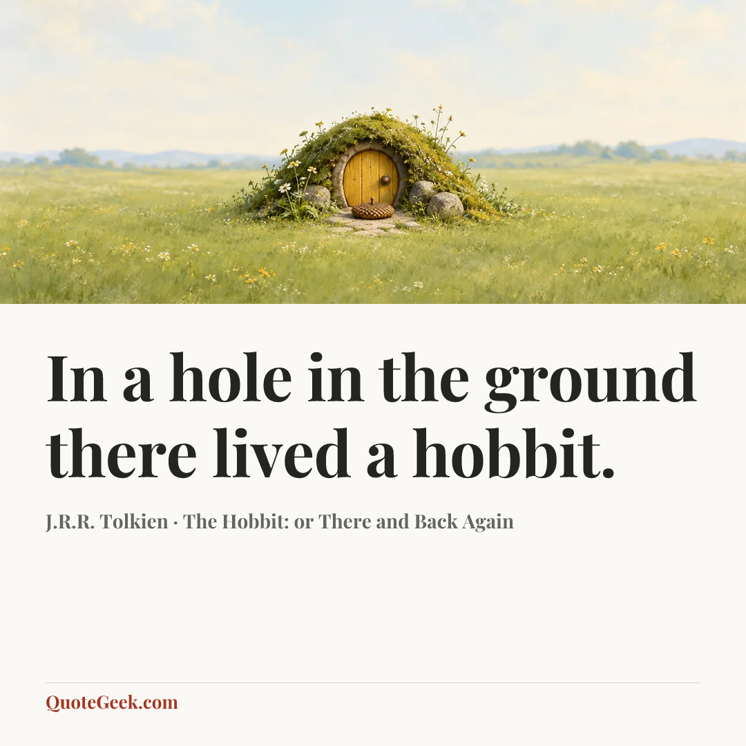 “In a hole in the ground there lived a hobbit.” — J.R.R. Tolkien · The Hobbit: or There and Back Again. Illustrated QuoteGeek card.