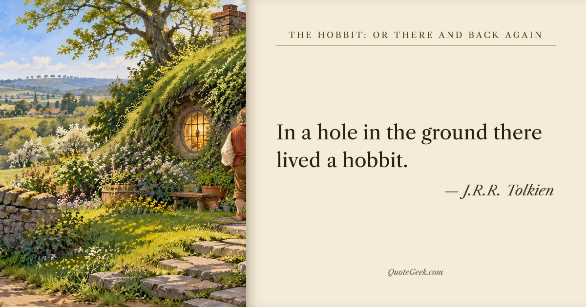 “In a hole in the ground there lived a hobbit.” — J.R.R. Tolkien · The Hobbit: or There and Back Again. Illustrated QuoteGeek card.