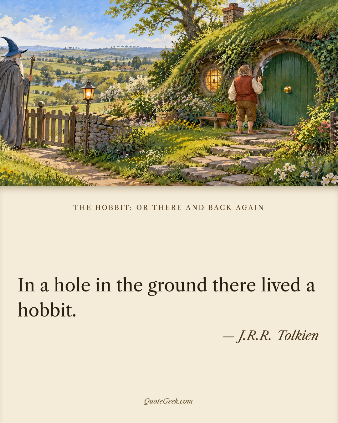 “In a hole in the ground there lived a hobbit.” — J.R.R. Tolkien · The Hobbit: or There and Back Again. Illustrated QuoteGeek card.