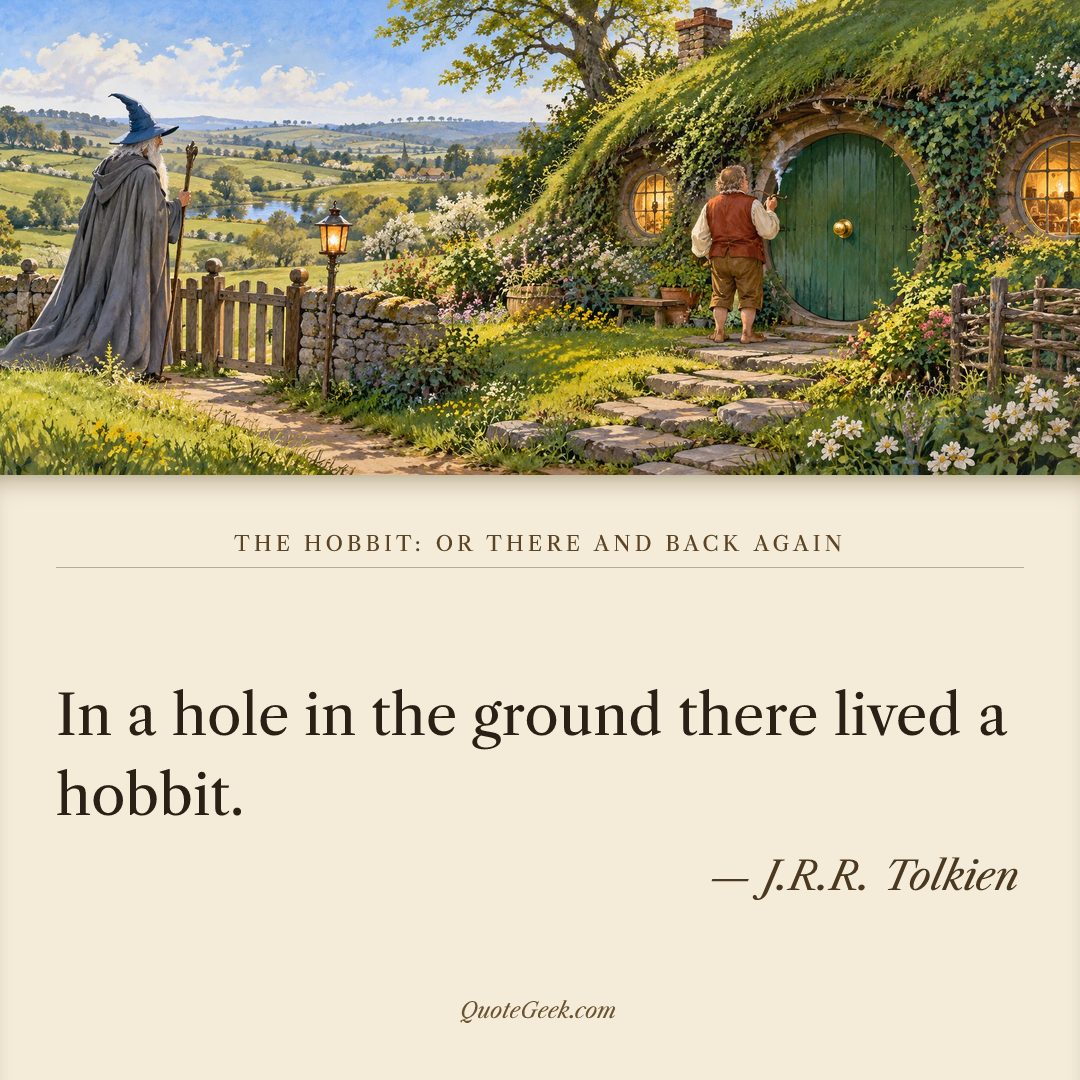 “In a hole in the ground there lived a hobbit.” — J.R.R. Tolkien · The Hobbit: or There and Back Again. Illustrated QuoteGeek card.