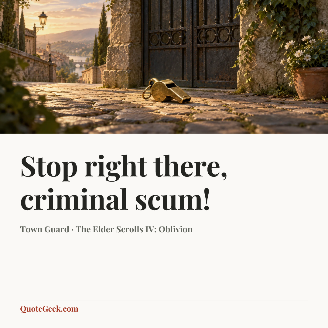 “Stop right there, criminal scum!” — Town Guard · The Elder Scrolls IV: Oblivion. Illustrated QuoteGeek card.