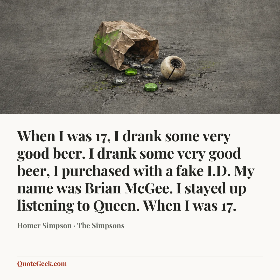 “When I was 17,
I drank some very good beer.
I drank some very good beer,
I purchased with a fake I.D.
My name was Brian McGee.
I stayed up listening to Queen.
When I was 17.” — Homer Simpson · The Simpsons. Illustrated QuoteGeek card.