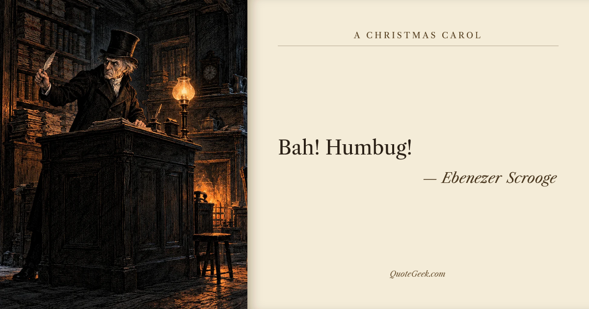 “Bah! Humbug!” — Ebenezer Scrooge · A Christmas Carol. Illustrated QuoteGeek card.