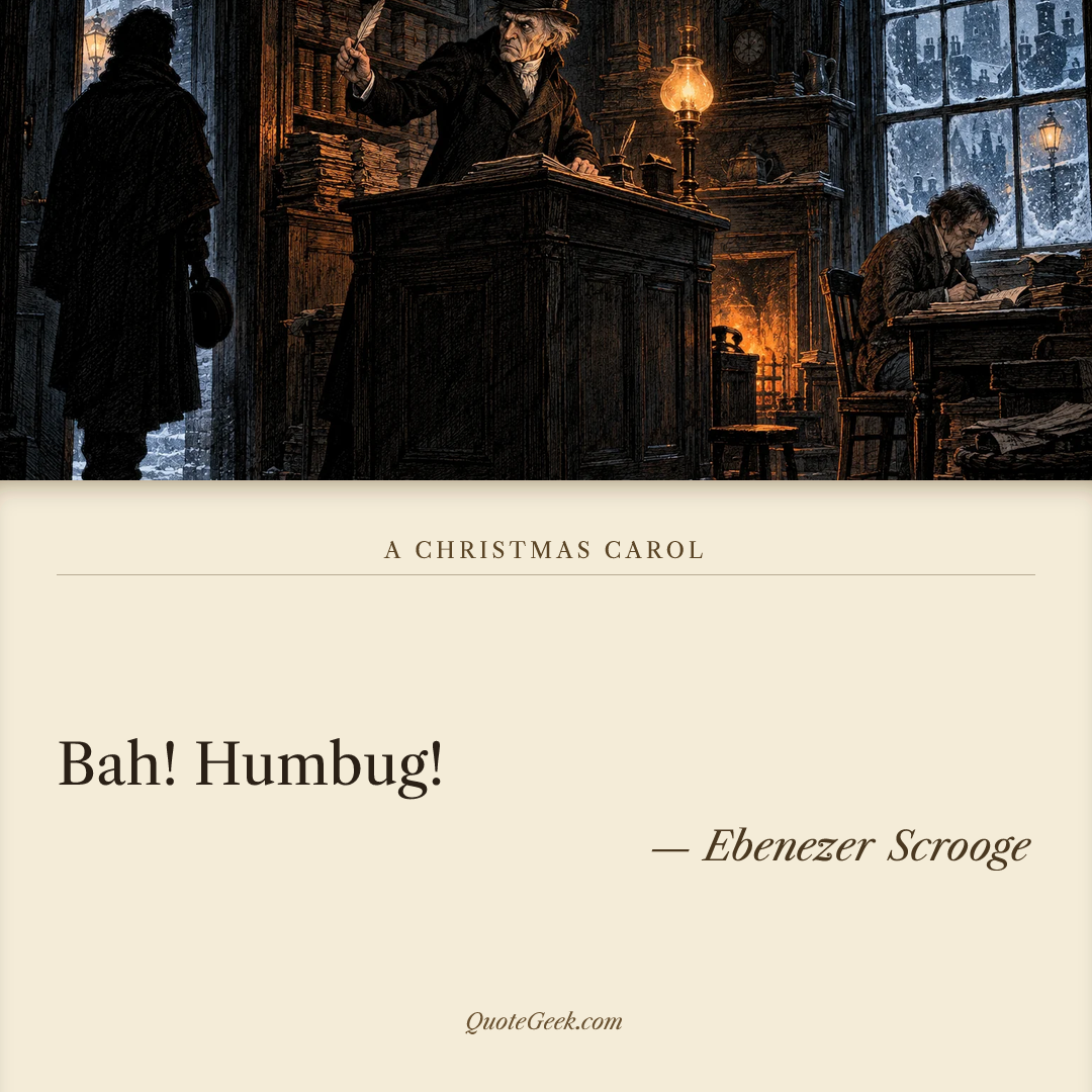 “Bah! Humbug!” — Ebenezer Scrooge · A Christmas Carol. Illustrated QuoteGeek card.
