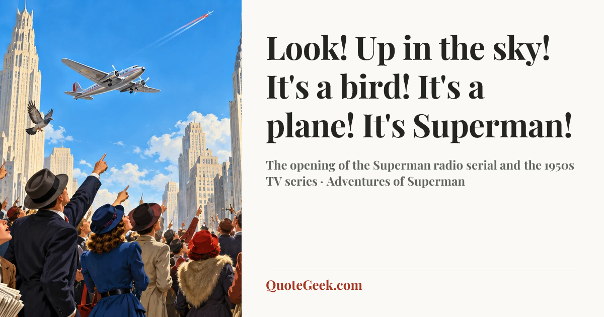 “Look! Up in the sky! It's a bird! It's a plane! It's Superman!” — The opening of the Superman radio serial and the 1950s TV series · Adventures of Superman. Illustrated QuoteGeek card.