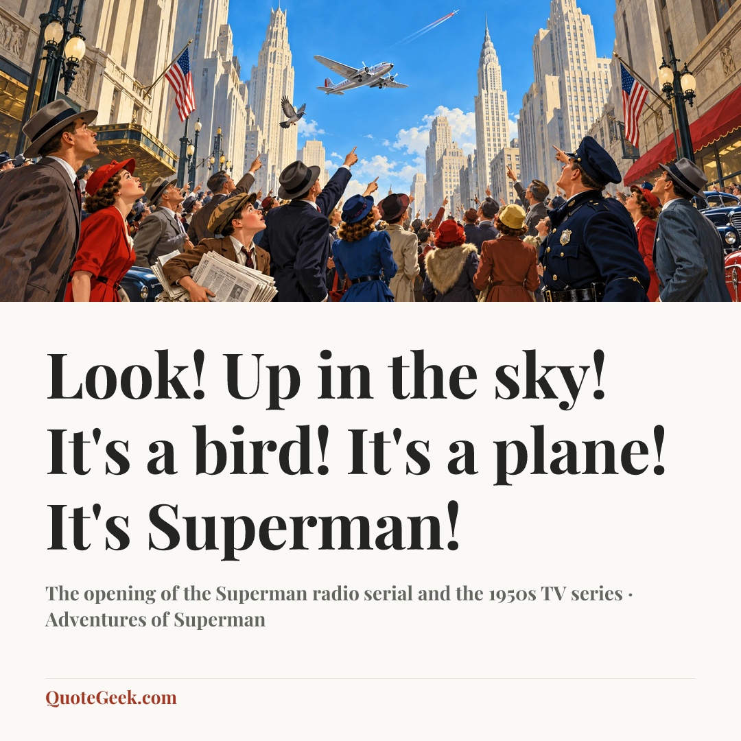 “Look! Up in the sky! It's a bird! It's a plane! It's Superman!” — The opening of the Superman radio serial and the 1950s TV series · Adventures of Superman. Illustrated QuoteGeek card.