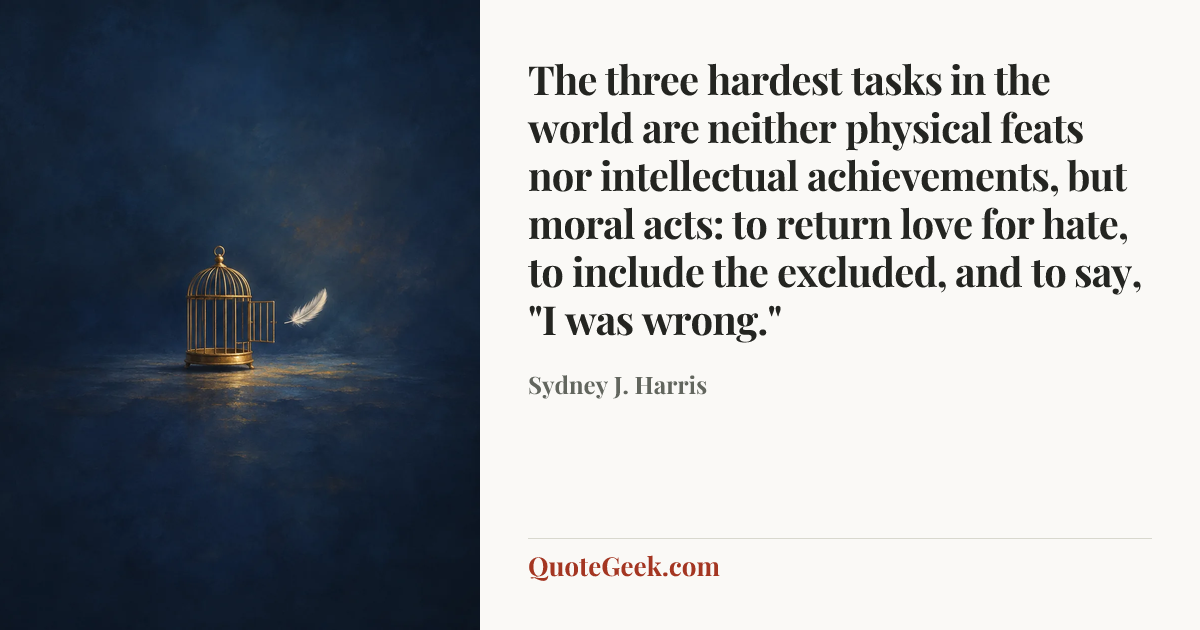 “The three hardest tasks in the world are neither physical feats nor intellectual achievements, but moral acts: to return love for hate, to include the excluded, and to say, "I was wrong."” — Sydney J. Harris. Illustrated QuoteGeek card.