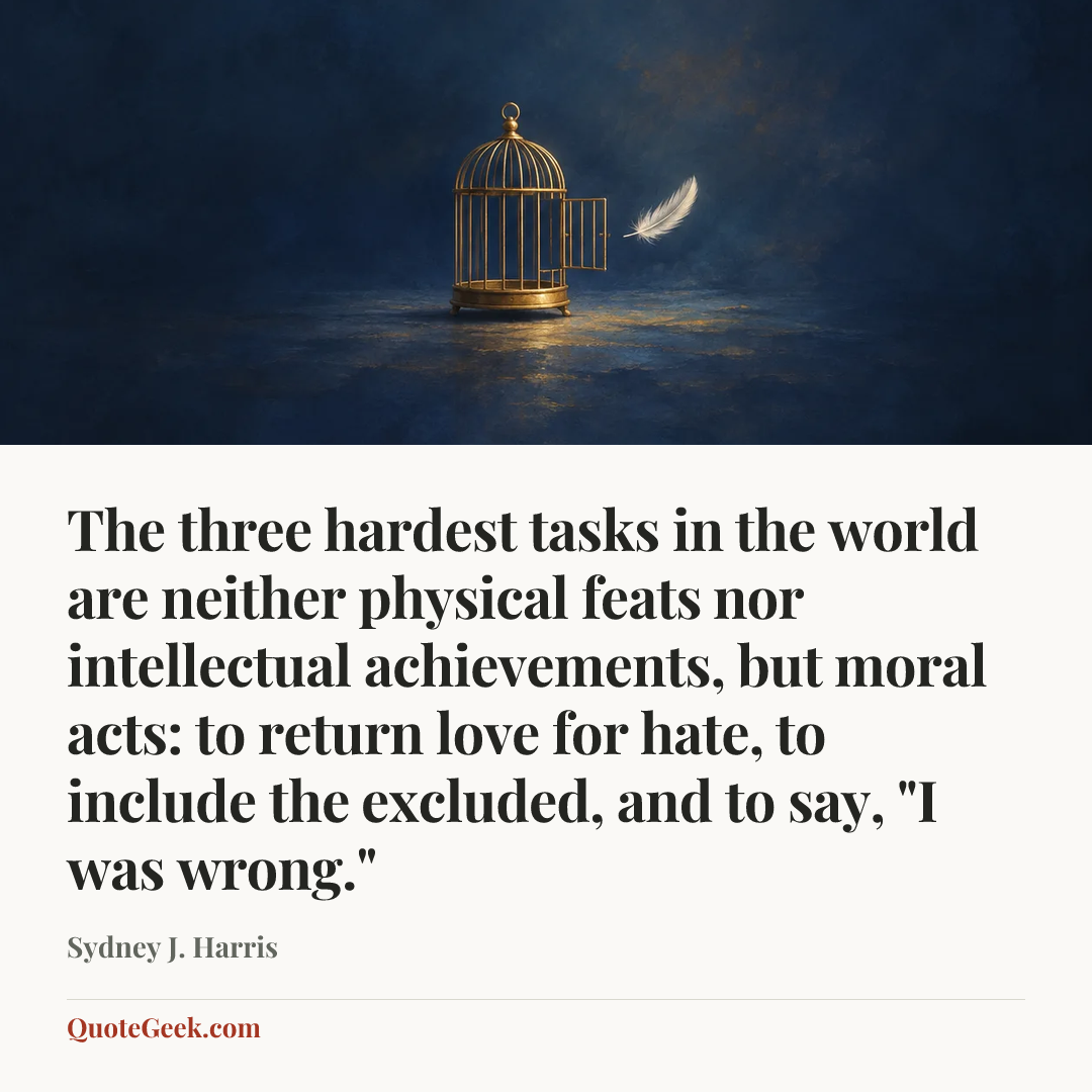 “The three hardest tasks in the world are neither physical feats nor intellectual achievements, but moral acts: to return love for hate, to include the excluded, and to say, "I was wrong."” — Sydney J. Harris. Illustrated QuoteGeek card.