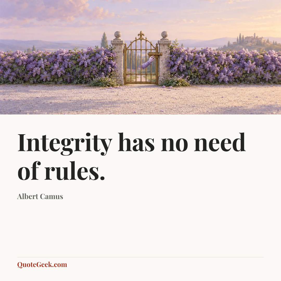 “Integrity has no need of rules.” — Albert Camus. Illustrated QuoteGeek card.