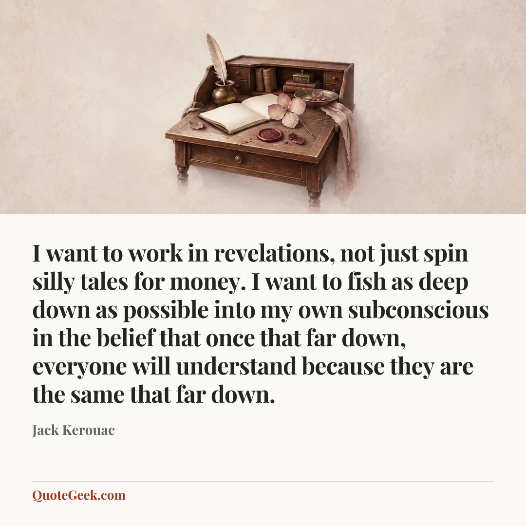 “I want to work in revelations, not just spin silly tales for money. I want to fish as deep down as possible into my own subconscious in the belief that once that far down, everyone will understand because they are the same that far down.” — Jack Kerouac. Illustrated QuoteGeek card.