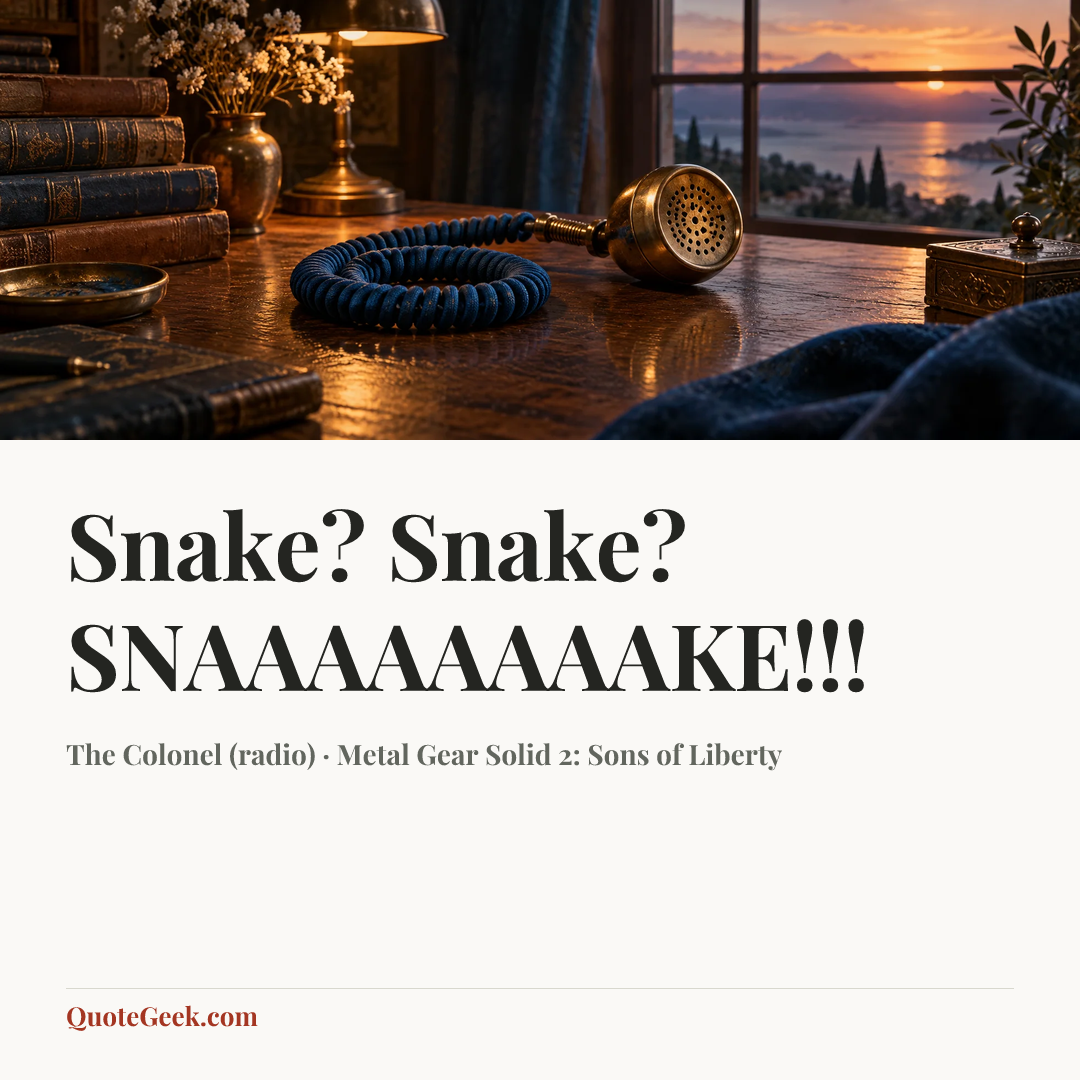 “Snake? Snake? SNAAAAAAAAKE!!!” — The Colonel (radio) · Metal Gear Solid 2: Sons of Liberty. Illustrated QuoteGeek card.