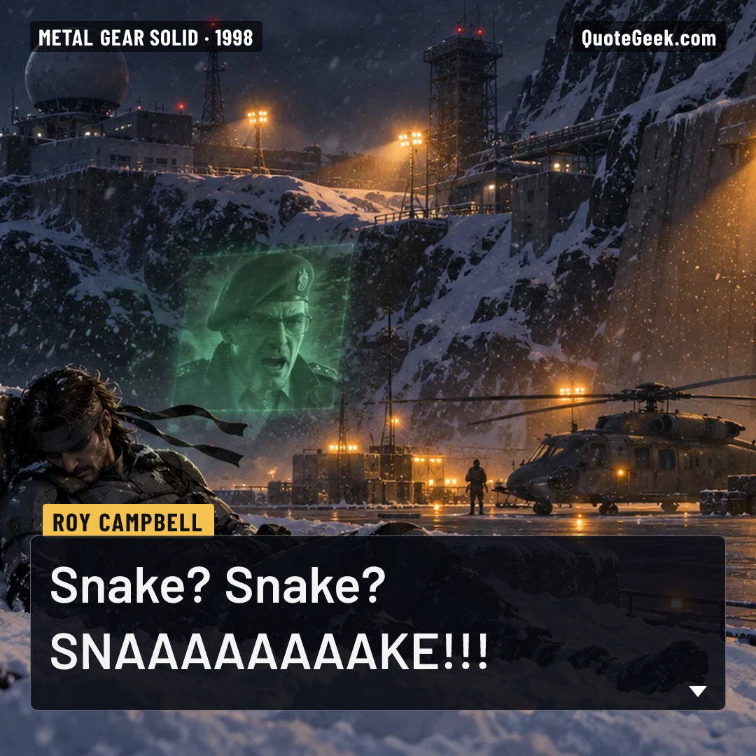 “Snake? Snake? SNAAAAAAAAKE!!!” — Roy Campbell · Metal Gear Solid. Illustrated QuoteGeek card.