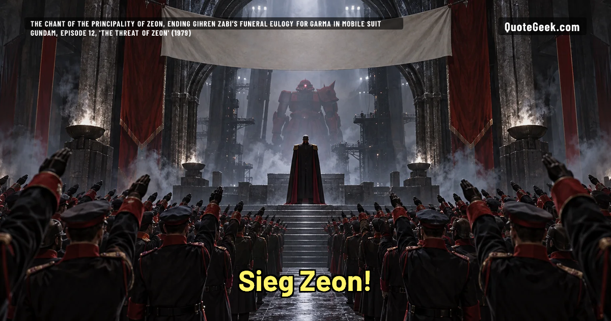 “Sieg Zeon!” — The chant of the Principality of Zeon, ending Gihren Zabi's funeral eulogy for Garma in Mobile Suit Gundam, episode 12, 'The Threat of Zeon' (1979) · Mobile Suit Gundam. Illustrated QuoteGeek card.