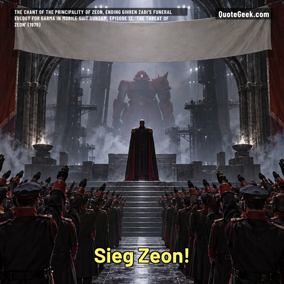 “Sieg Zeon!” — The chant of the Principality of Zeon, ending Gihren Zabi's funeral eulogy for Garma in Mobile Suit Gundam, episode 12, 'The Threat of Zeon' (1979) · Mobile Suit Gundam. Illustrated QuoteGeek card.