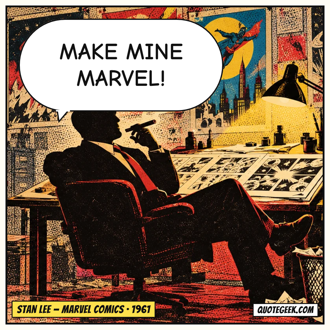 “Make Mine Marvel!” — Stan Lee · Marvel Comics. Illustrated QuoteGeek card.