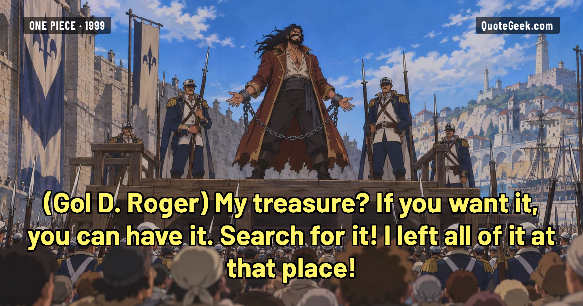 “My treasure? If you want it, you can have it. Search for it! I left all of it at that place!” — Gol D. Roger · One Piece. Illustrated QuoteGeek card.