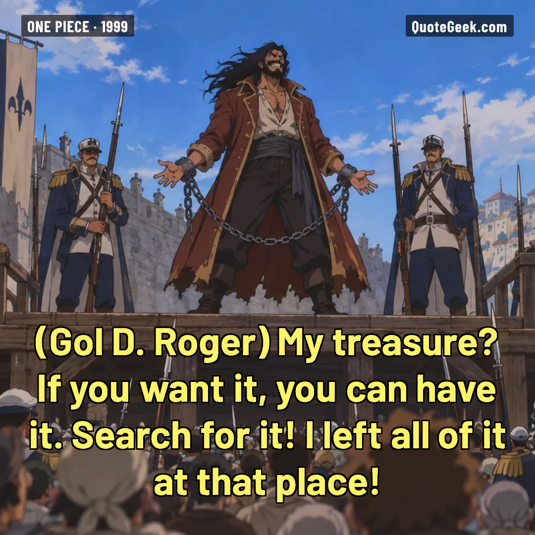 “My treasure? If you want it, you can have it. Search for it! I left all of it at that place!” — Gol D. Roger · One Piece. Illustrated QuoteGeek card.