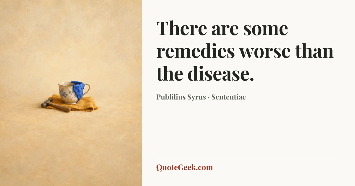 “There are some remedies worse than the disease.” — Publilius Syrus · Sententiae. Illustrated QuoteGeek card.