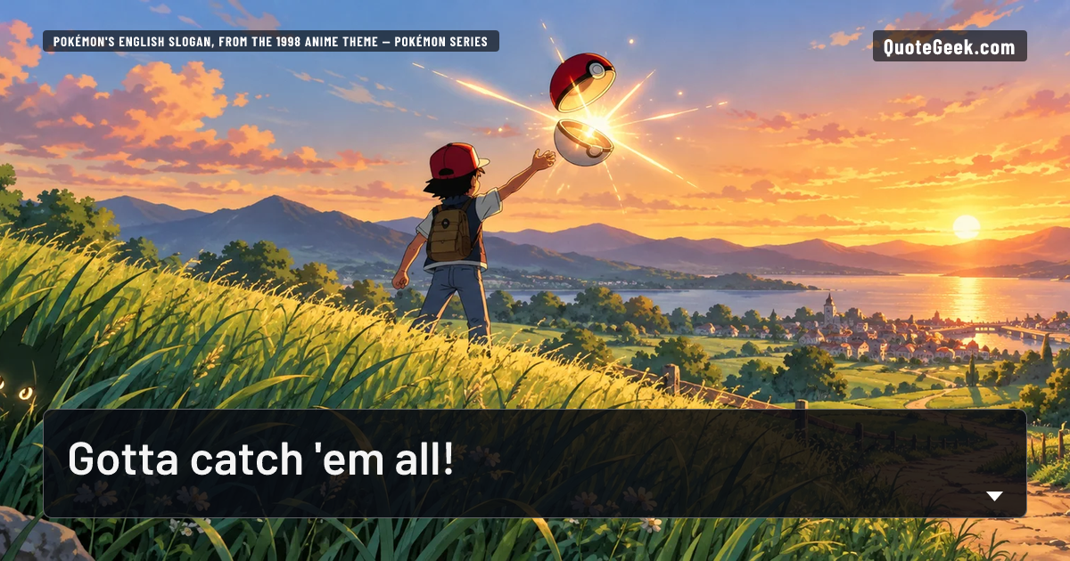 “Gotta catch 'em all!” — Pokémon's English slogan, from the 1998 anime theme · Pokémon series. Illustrated QuoteGeek card.