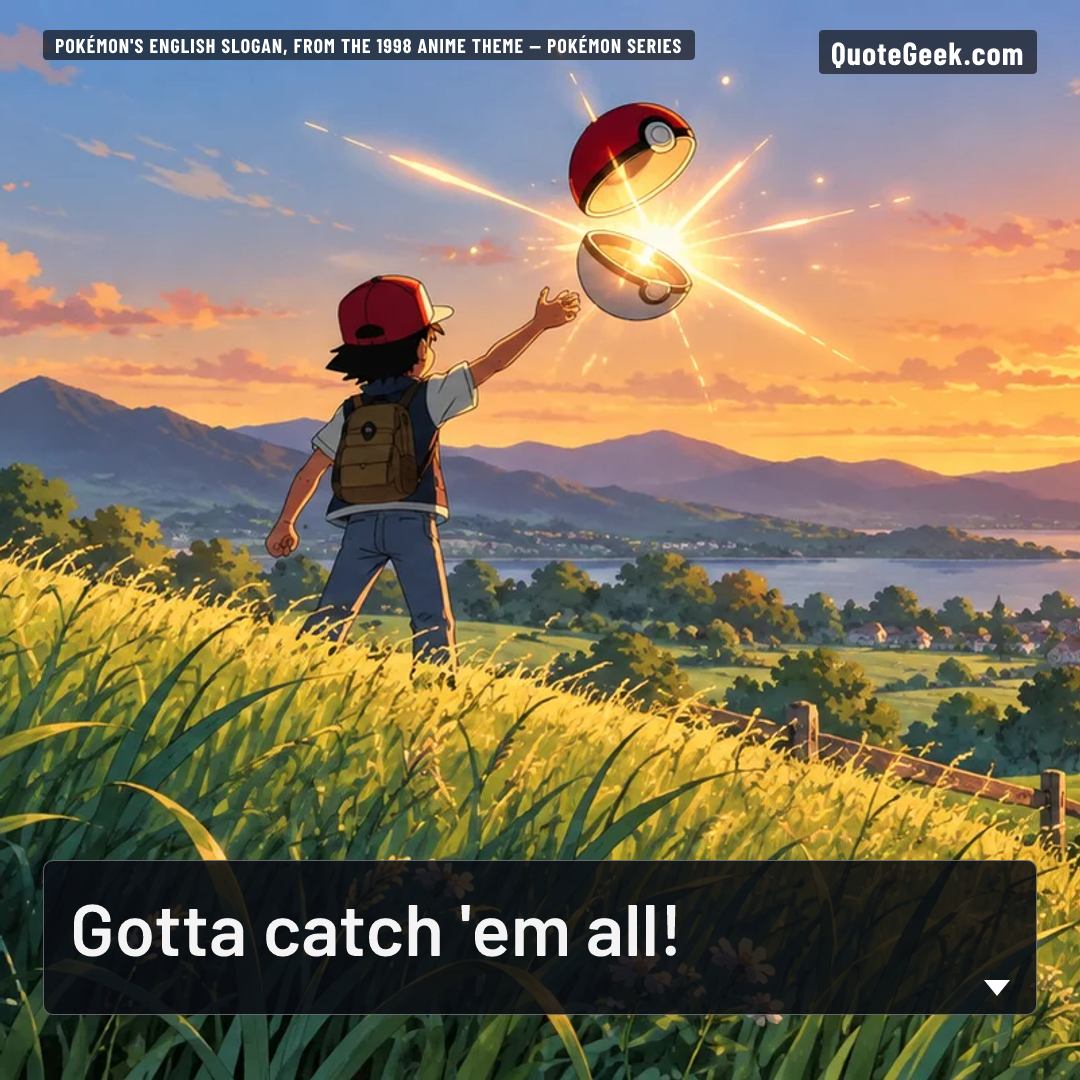 “Gotta catch 'em all!” — Pokémon's English slogan, from the 1998 anime theme · Pokémon series. Illustrated QuoteGeek card.