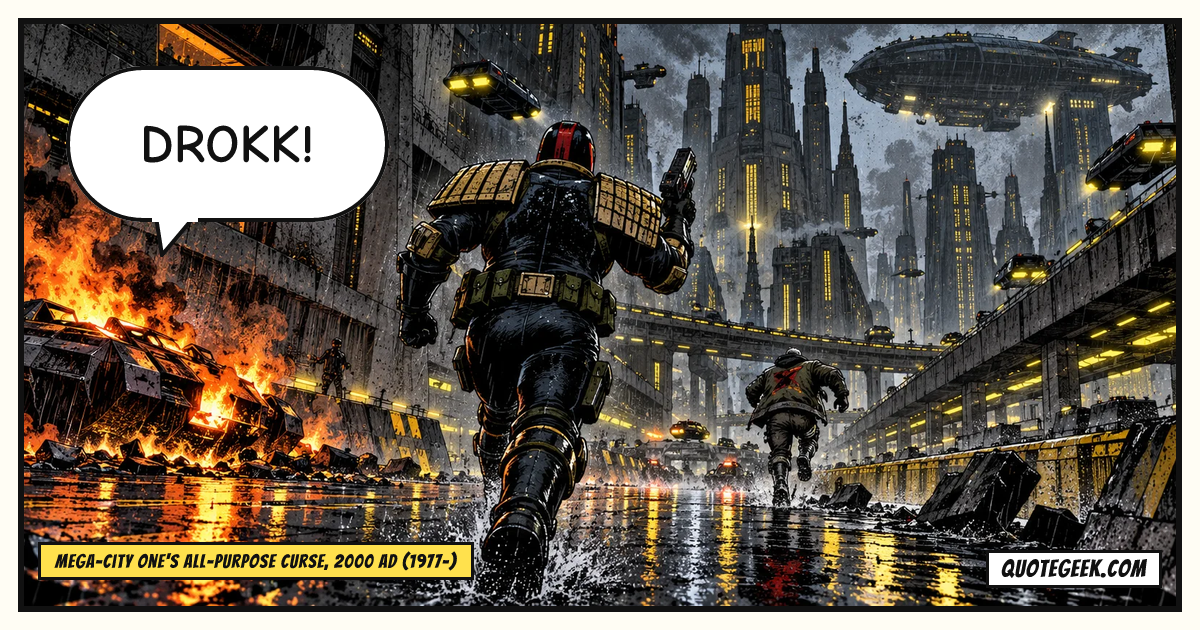 “Drokk!” — Mega-City One's all-purpose curse, 2000 AD (1977-) · 2000 AD. Illustrated QuoteGeek card.