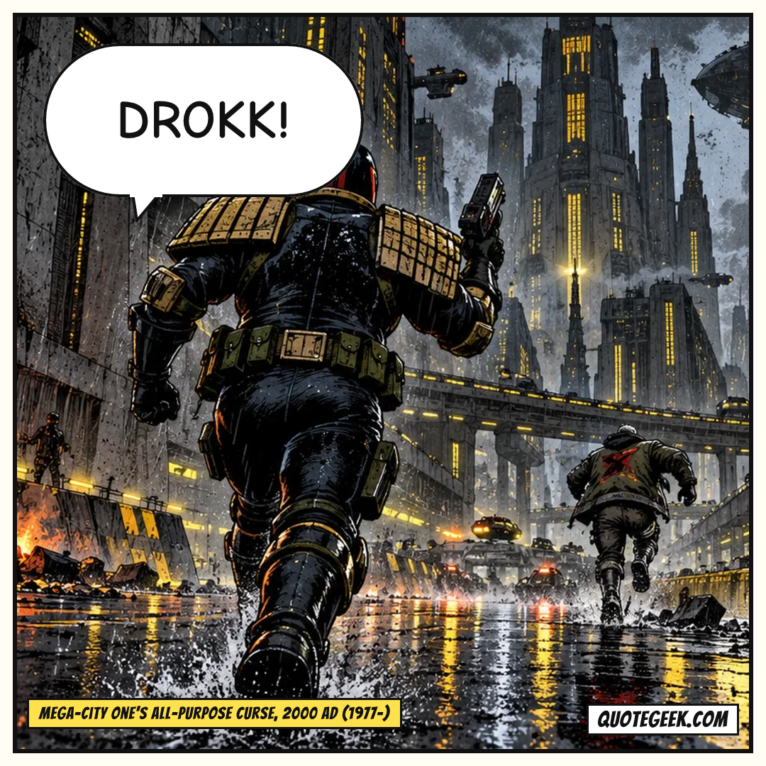 “Drokk!” — Mega-City One's all-purpose curse, 2000 AD (1977-) · 2000 AD. Illustrated QuoteGeek card.