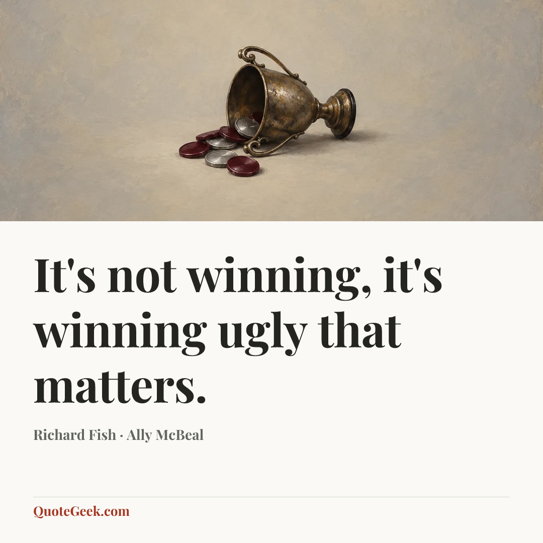 “It's not winning, it's winning ugly that matters.” — Richard Fish · Ally McBeal. Illustrated QuoteGeek card.
