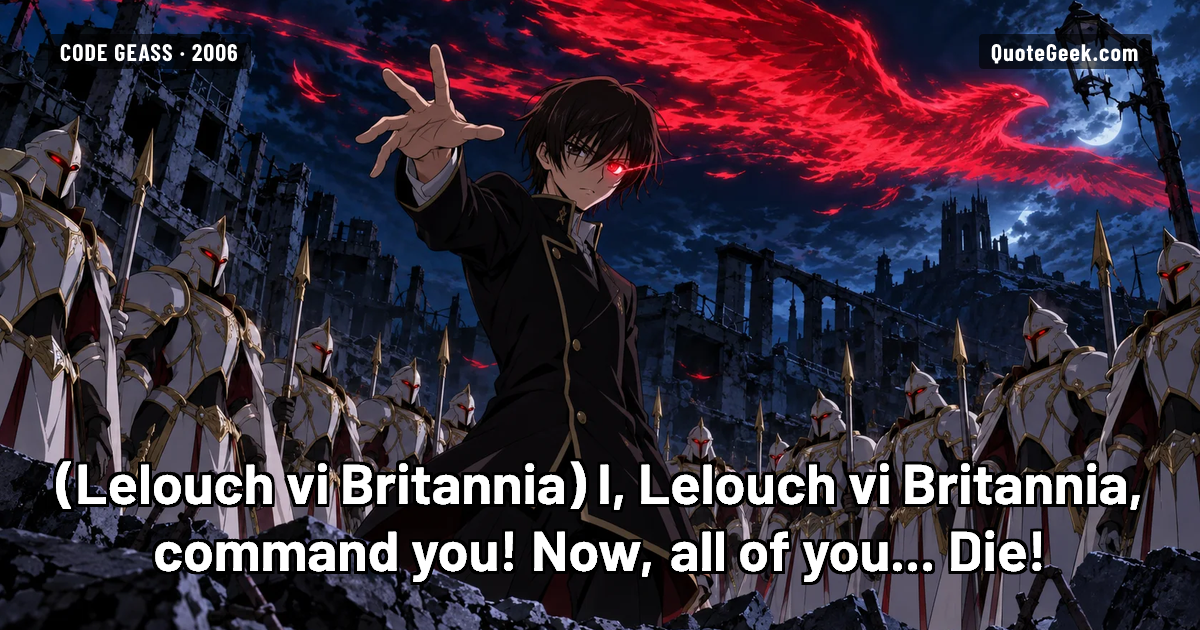 “I, Lelouch vi Britannia, command you! Now, all of you... Die!” — Lelouch vi Britannia · Code Geass. Illustrated QuoteGeek card.