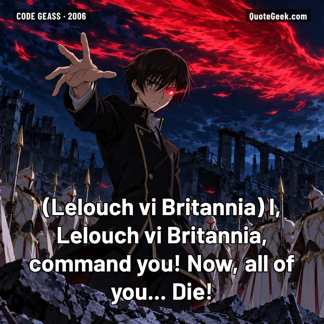 “I, Lelouch vi Britannia, command you! Now, all of you... Die!” — Lelouch vi Britannia · Code Geass. Illustrated QuoteGeek card.