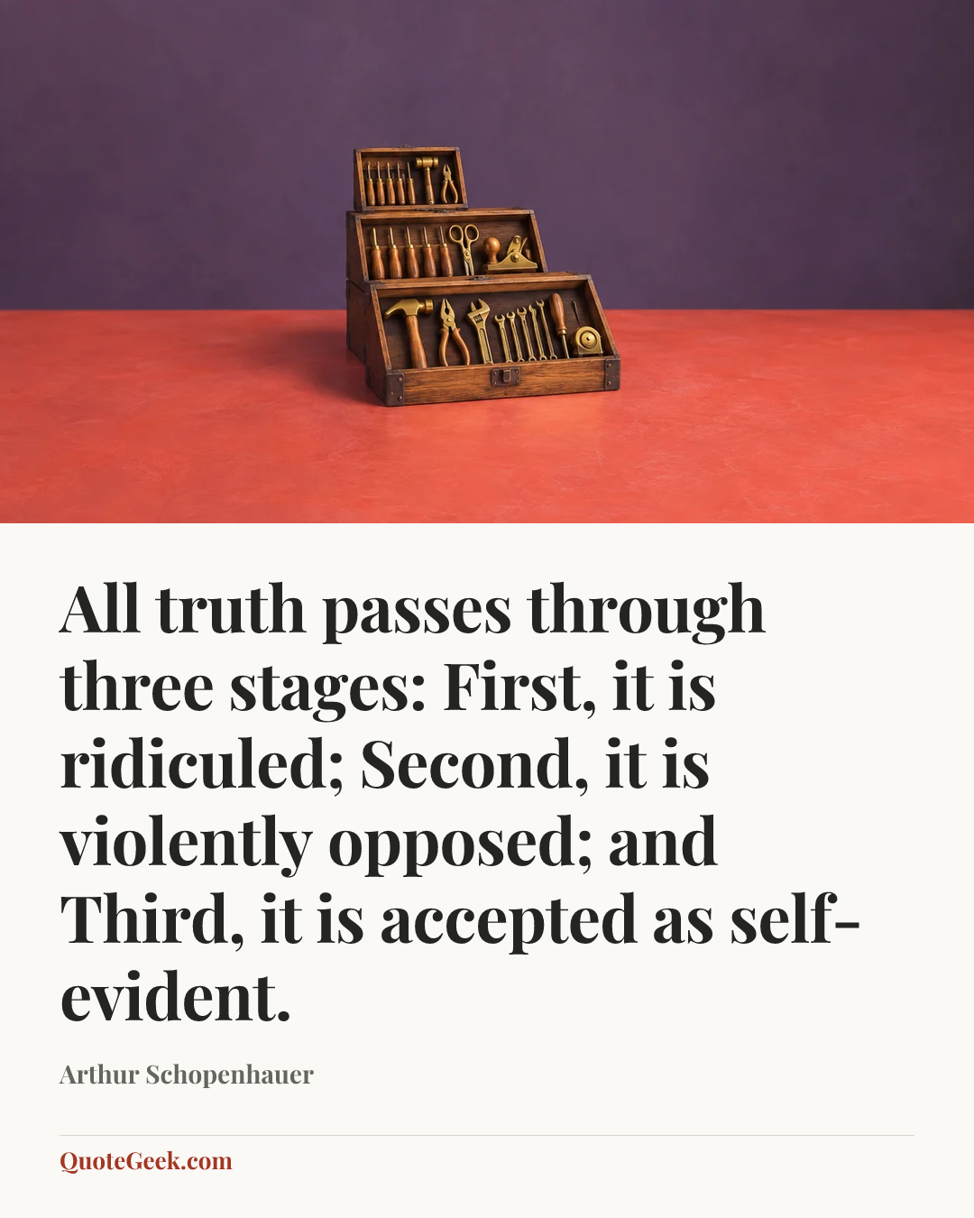 “All truth passes through three stages: First, it is ridiculed; Second, it is violently opposed; and Third, it is accepted as self-evident.” — Arthur Schopenhauer. Illustrated QuoteGeek card.