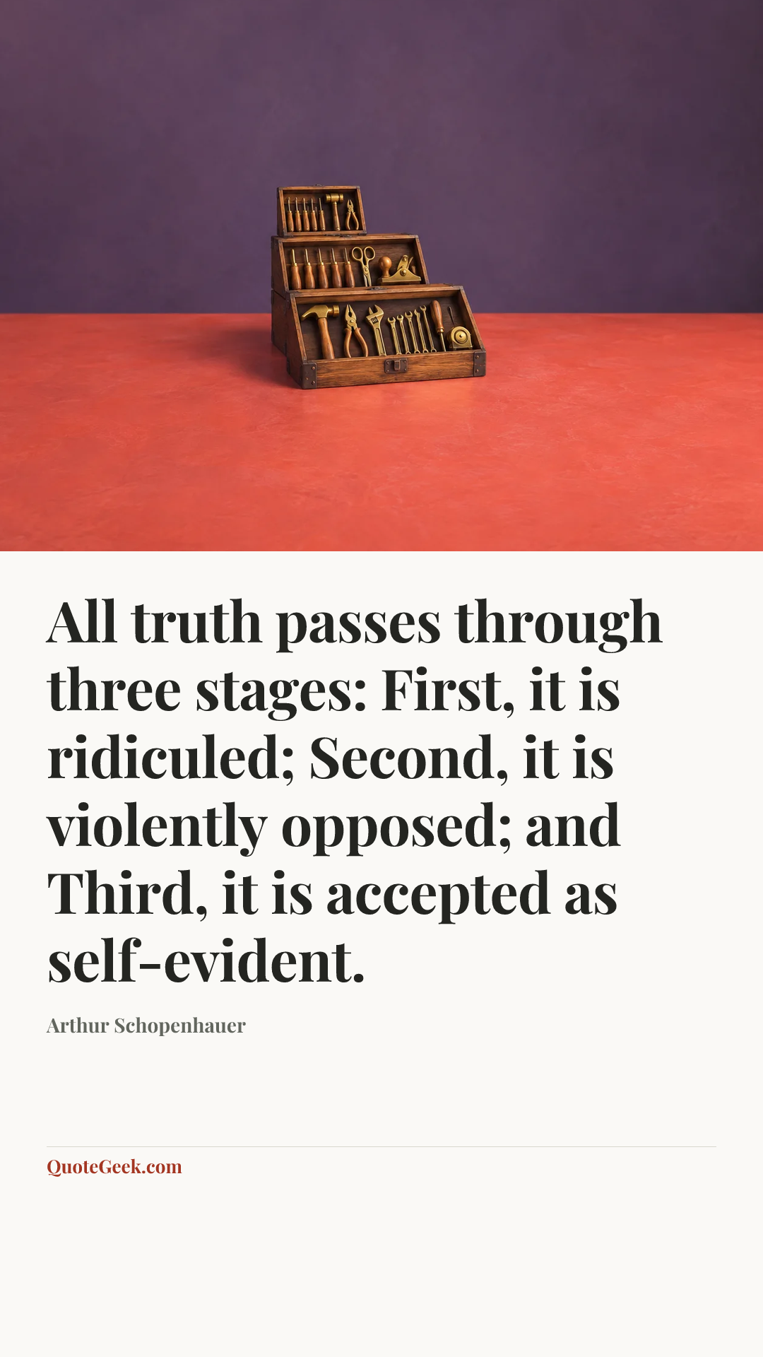 “All truth passes through three stages: First, it is ridiculed; Second, it is violently opposed; and Third, it is accepted as self-evident.” — Arthur Schopenhauer. Illustrated QuoteGeek card.