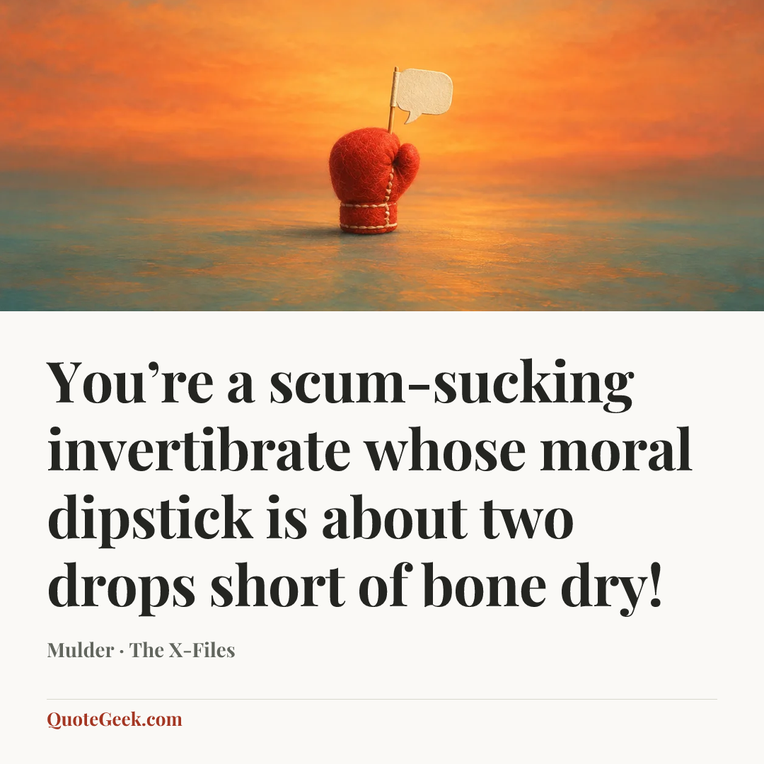 “You’re a scum-sucking invertibrate whose moral dipstick is about two drops short of bone dry!” — Mulder · The X-Files. Illustrated QuoteGeek card.