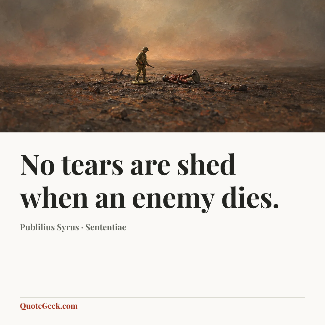 “No tears are shed when an enemy dies.” — Publilius Syrus · Sententiae. Illustrated QuoteGeek card.