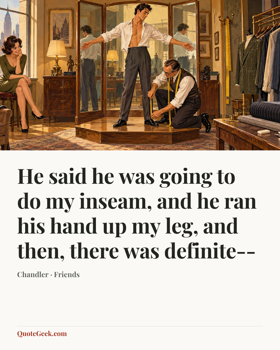 “He said he was going to do my inseam, and he ran his hand up my leg, and then, there was definite--” — Chandler · Friends. Illustrated QuoteGeek card.