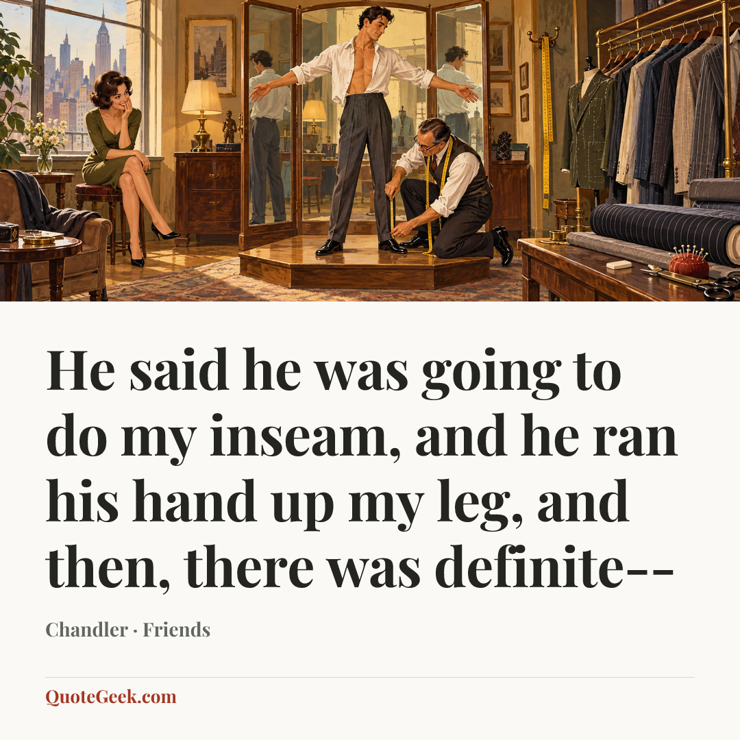 “He said he was going to do my inseam, and he ran his hand up my leg, and then, there was definite--” — Chandler · Friends. Illustrated QuoteGeek card.