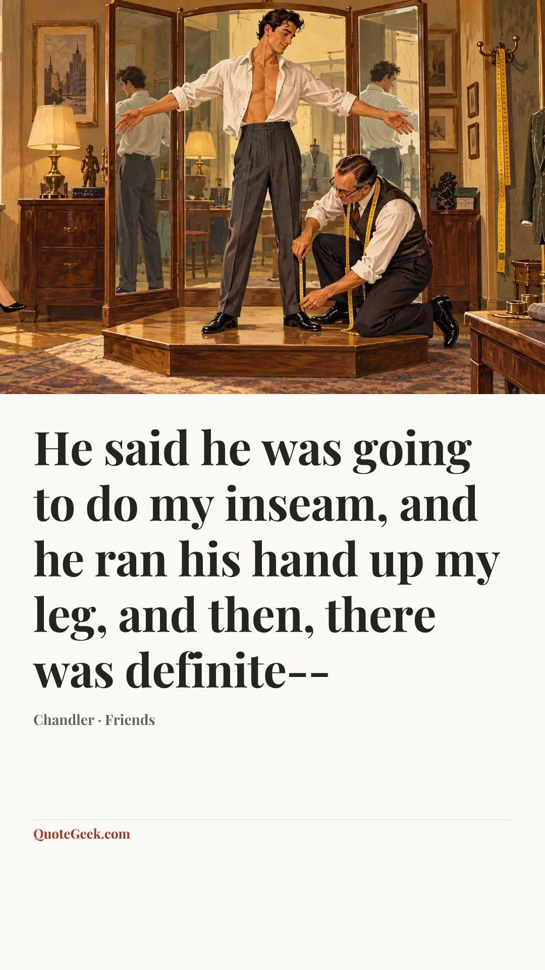 “He said he was going to do my inseam, and he ran his hand up my leg, and then, there was definite--” — Chandler · Friends. Illustrated QuoteGeek card.