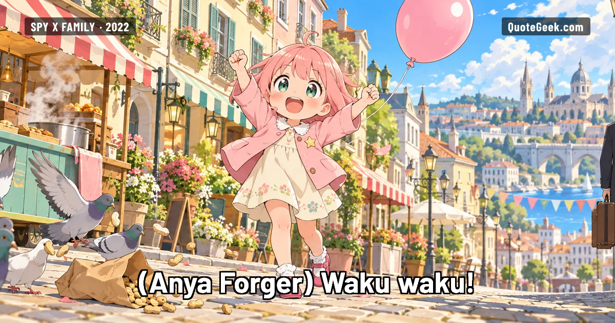 “Waku waku!” — Anya Forger · Spy x Family. Illustrated QuoteGeek card.