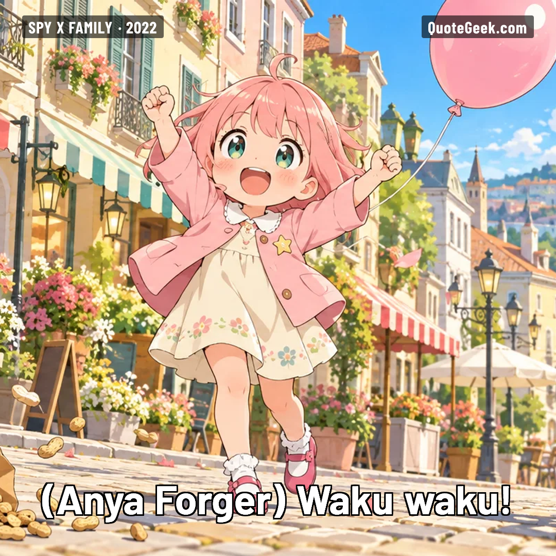 “Waku waku!” — Anya Forger · Spy x Family. Illustrated QuoteGeek card.