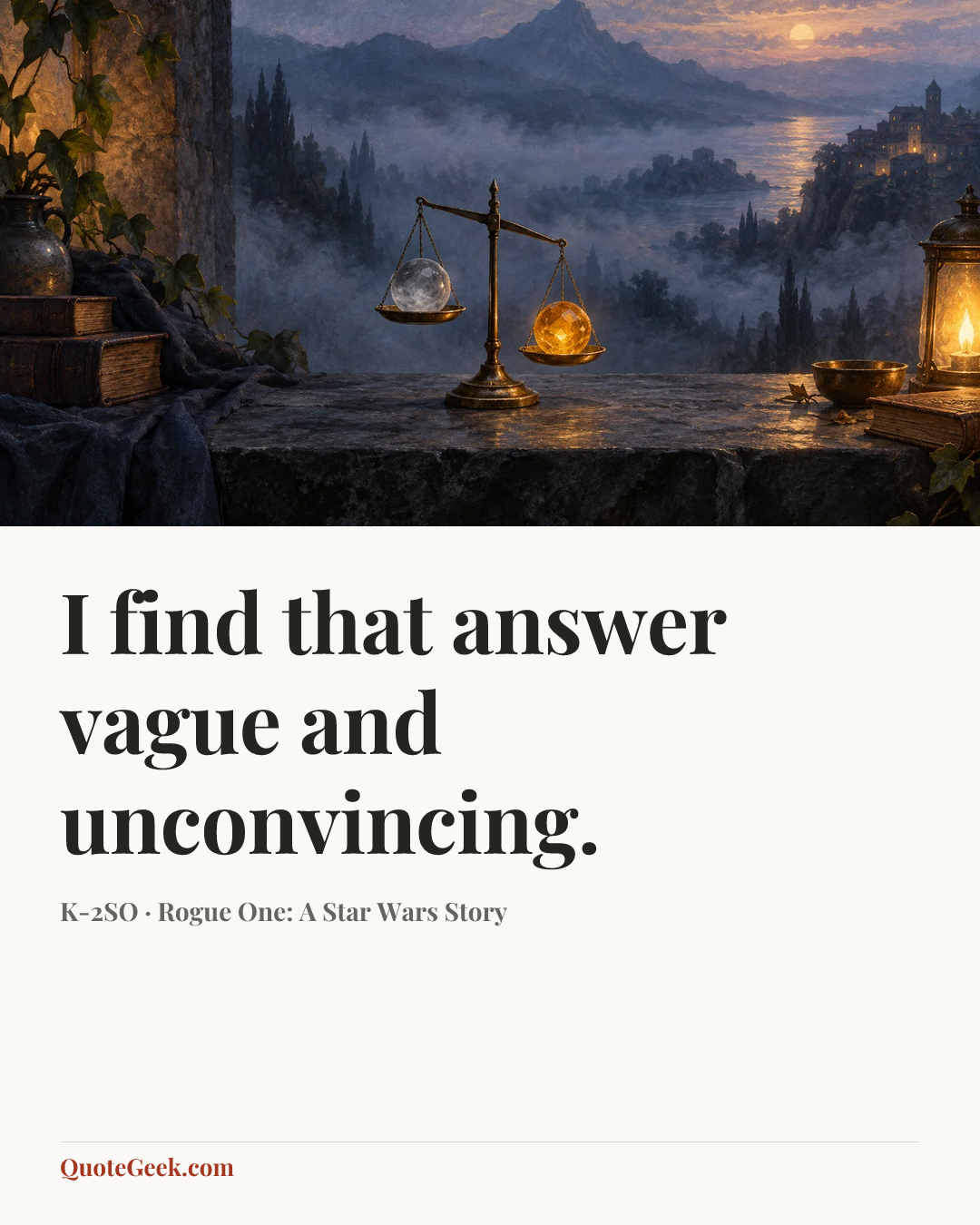 “I find that answer vague and unconvincing.” — K-2SO · Rogue One: A Star Wars Story. Illustrated QuoteGeek card.