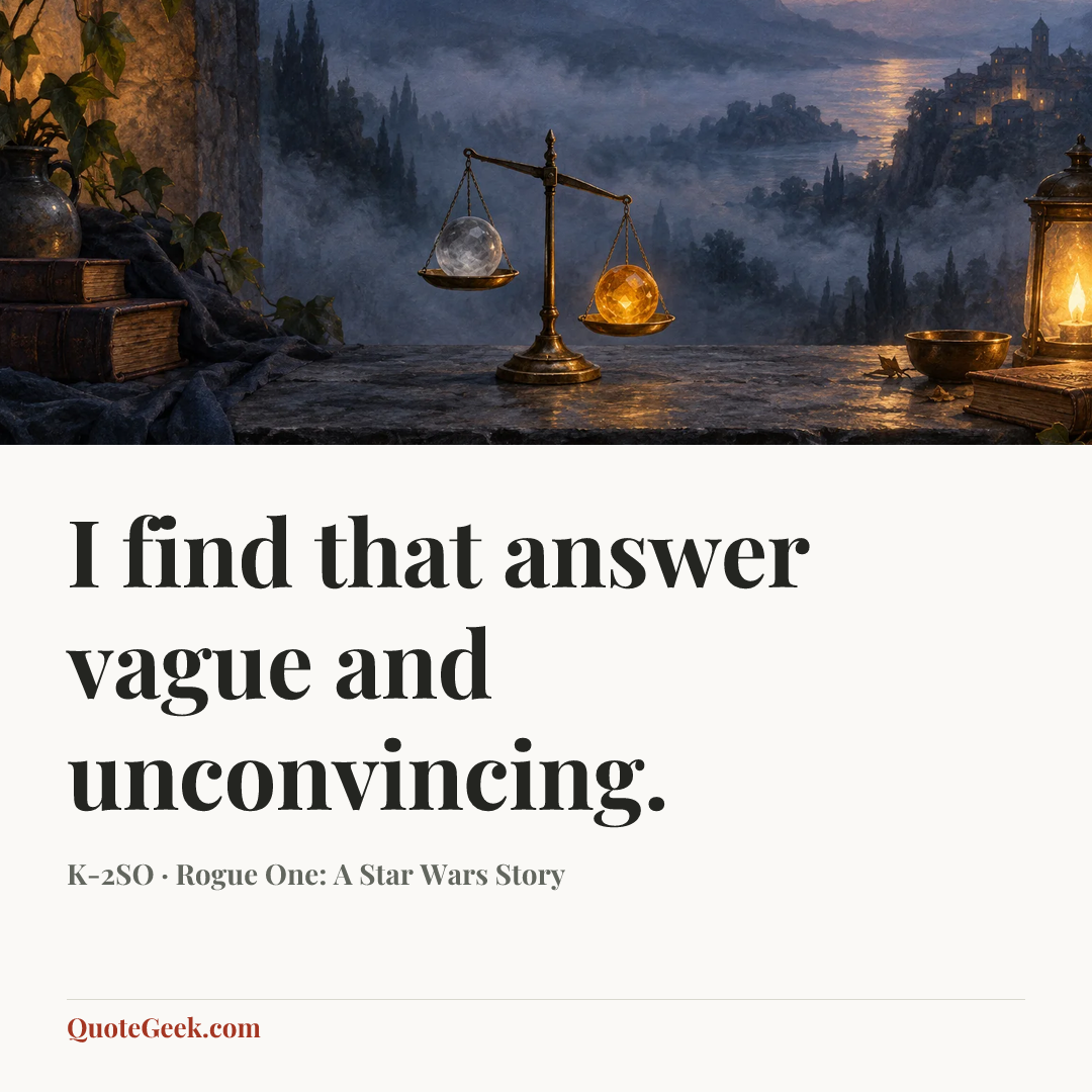 “I find that answer vague and unconvincing.” — K-2SO · Rogue One: A Star Wars Story. Illustrated QuoteGeek card.