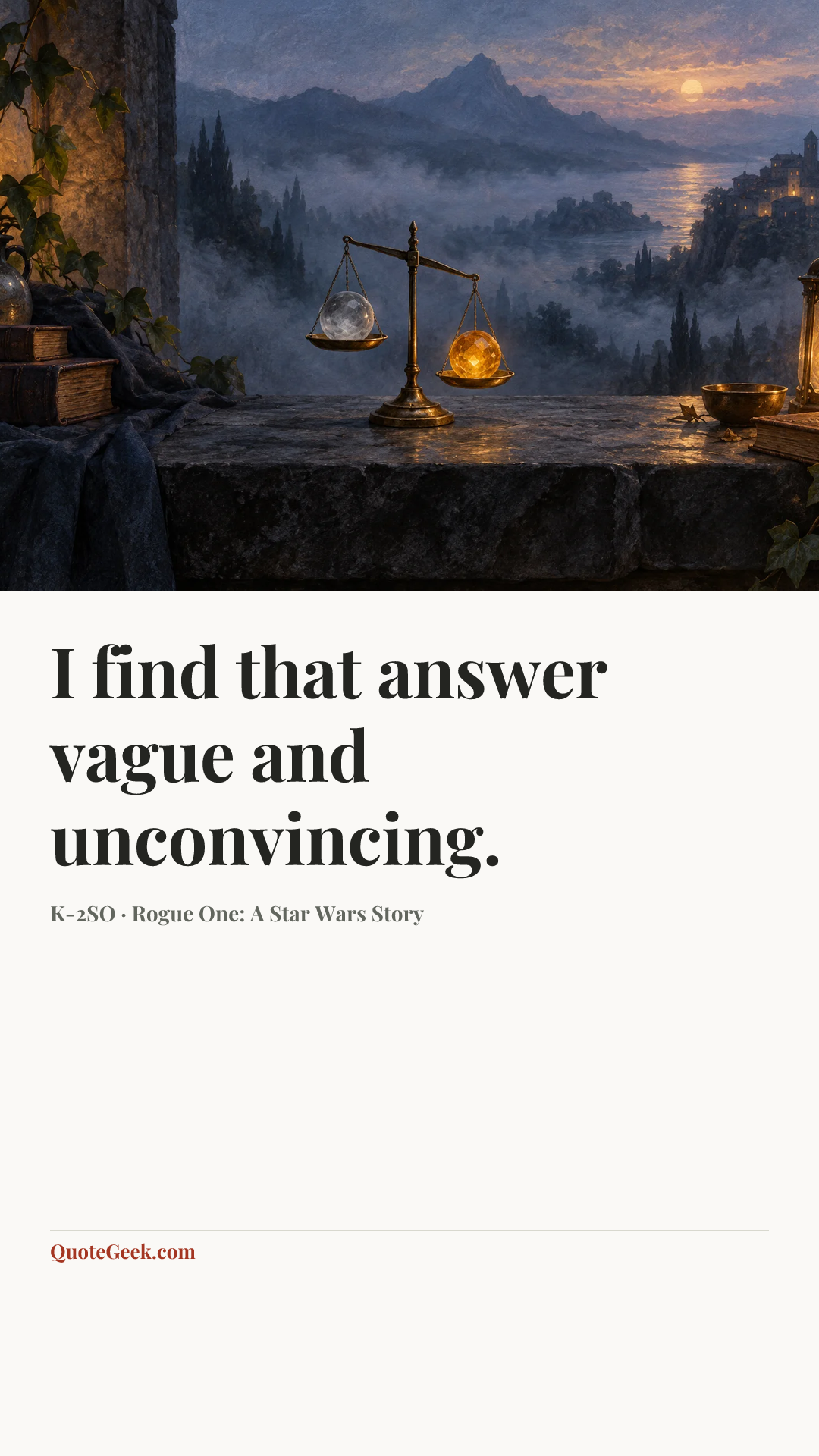 “I find that answer vague and unconvincing.” — K-2SO · Rogue One: A Star Wars Story. Illustrated QuoteGeek card.