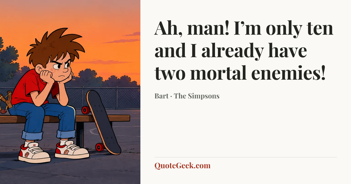 “Ah, man! I’m only ten and I already have two mortal enemies!” — Bart · The Simpsons. Illustrated QuoteGeek card.